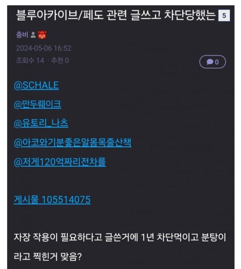 블챈: 페도 자정작용 해야한다 하면 분탕으로 차단 1년 먹임