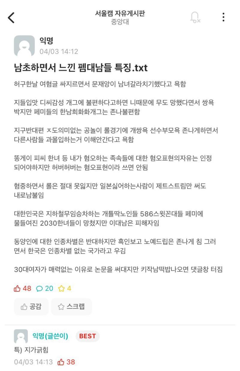 이게 요즘 커뮤여혐남들 모습인데 여자들도 비슷하게 되어가고있음 특히 디씨여초갤 하는애들