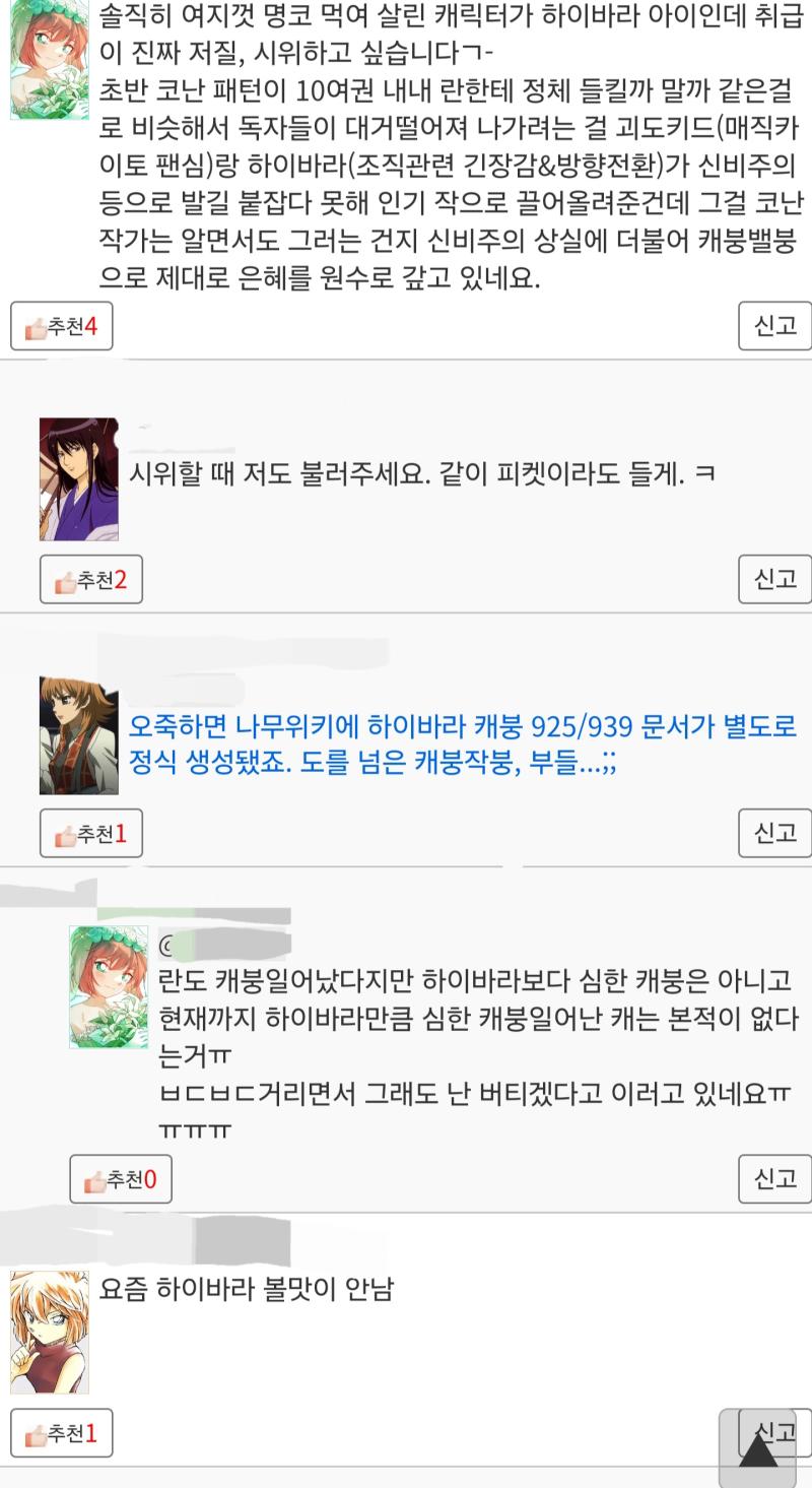 작가가 하이바라 싫어서 캐붕시켰다고 난리를 치는데 초반에 비해 주인공 비롯해서 캐붕된 다른 캐릭터도 많음 근데 하이바라만 갖고 피해자인척하는거