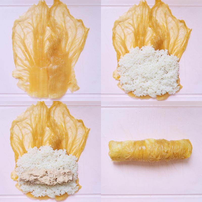 만드는 방법 초간단 묵은지 씻어서 2장 겹쳐주고 밥 올리고 참치마요 올리고 돌돌 말아주고 참기름 쓱쓱 칼로 잘라주면 끗!!
