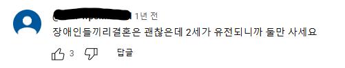 시각장애 커플들 나오는 영상에 이딴걸 댓글이랍시고 달았냐.... 애기 낳으면 애기도 장애인되니까 낳지말라니; 애초에 장애인도 애 낳고 키울 권리
