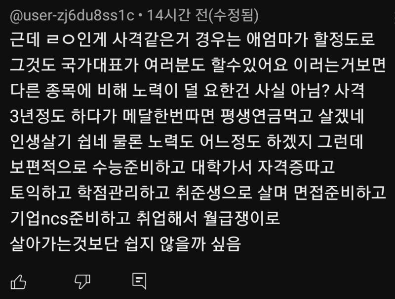 올림픽 선수 비하에 주부비하 ㅋㅋㅋ사격이 쉬워보인다고 니가 해봐라 대회나가는게 뭐 아무나 하는줄 어릴때 부터 빡집중 적으로 훈련 하는건데 아나봄