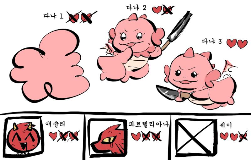 다냐 1은 파르텔리아나의 공격에 쓰러졌어요! 동시에 세이도 쓰러졌네요! 다음 턴!!! 다냐 2는 애슐리를 공격해요! dice(0,2) value