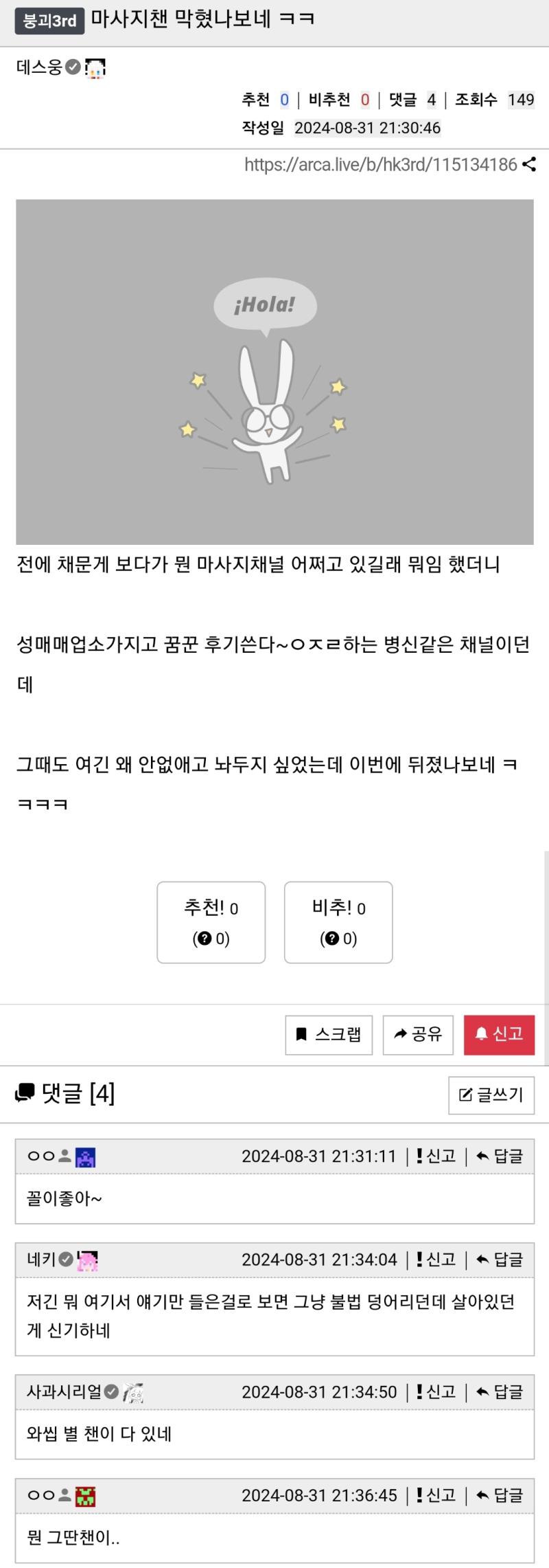 거 좆같은 외국가서 마사지 성매매 하고오는 성매매충들 모인 채널 없어진건 좋긴한데 투디나 가상 관련 채널은 좀 냅둬