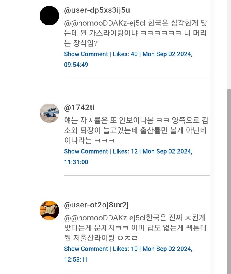 저출산 이런 관련 댓글보면 막 걱정하지말라는 댓글에 이런 대댓글 달리는데 ㄹㅇ 총살마려움