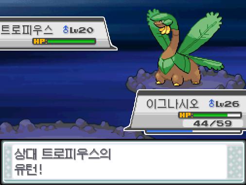 상대 트로피우스의 유턴! 상대 트로피우스는 용이의 곁으로 돌아간다! 포켓몬마니아 용이는 성원숭을 내보냈다! 이그나시오의 화염방사! 이그나시오는