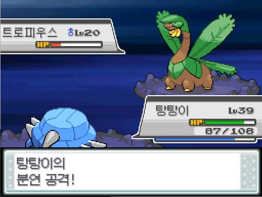 상대 트로피우스의 유턴! 탕탕이의 분연 공격! 효과가 굉장했다! 상대 트로피우스는 쓰러졌다! 탕탕이는 2892 경험치를 얻었다!