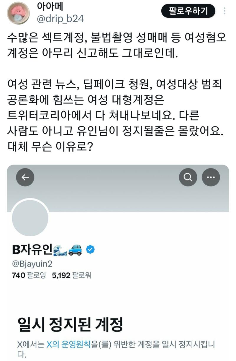 왜 정지당했겠니...여혐 범죄 공론화 시킨다고 니들이 그렇게 싫어하는 디씨일베남들처럼 다짜고짜 남자 다 싸잡아서 잠재적 범죄자 취급하고 남자 다