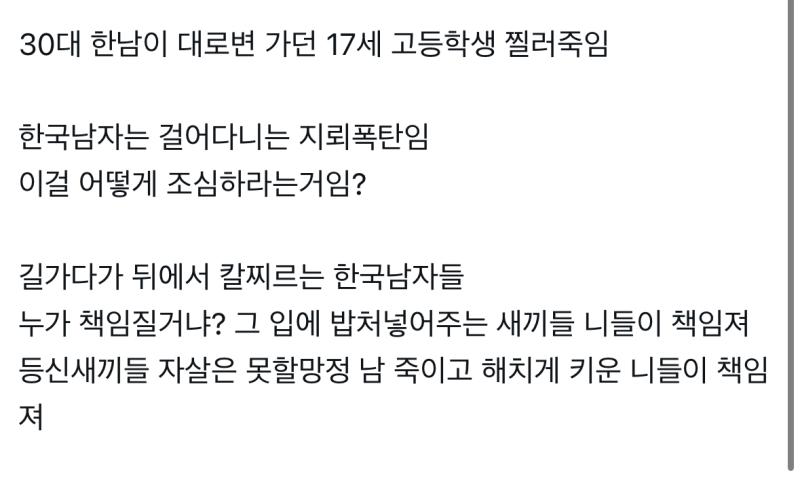 또 나왔다 그놈의 한남타령 미친새끼들이 욕할거면 가해자를 욕해야지 가만히 있는 선량한 남성분들도 싸잡아 욕하고 있냐 진짜 개충격임 여자가 가해자
