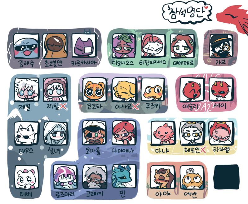 이름 옆에 X가 있는 캐릭터는 파티 불참자!