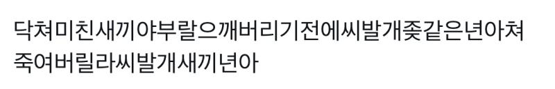 닥쳐미친새끼야부랄으깨버리기전에씨발개좆같은년아쳐죽여버릴라씨발개새끼년아