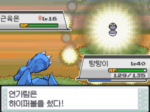 연가람은 하이퍼볼을 썼다! 신난다! 근육몬을 붙잡았다! 근육몬. 괴력 포켓몬. 전신에 근육의 힘이 가득 넘친다. 가만히 있어도 엄청난 압박감을