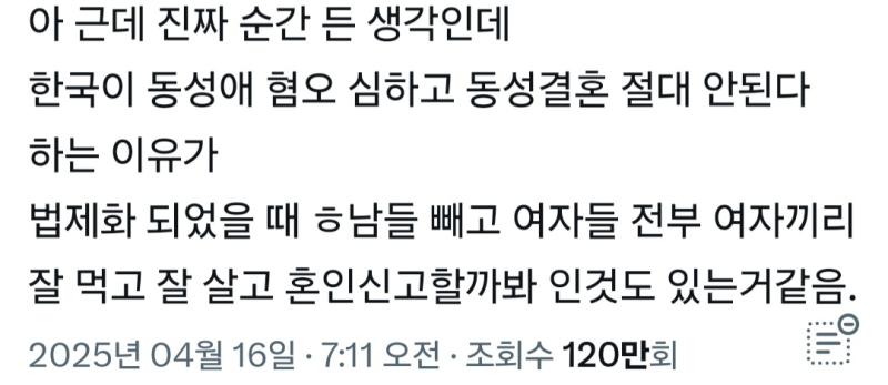 동성결혼이 허용되면 여자들이 다 여자들끼리 산다고? 또 레즈이용해서 개소리하네 애초에 여자한테 성애적인 감정을 못느끼는데 결혼을왜함 이런애들이