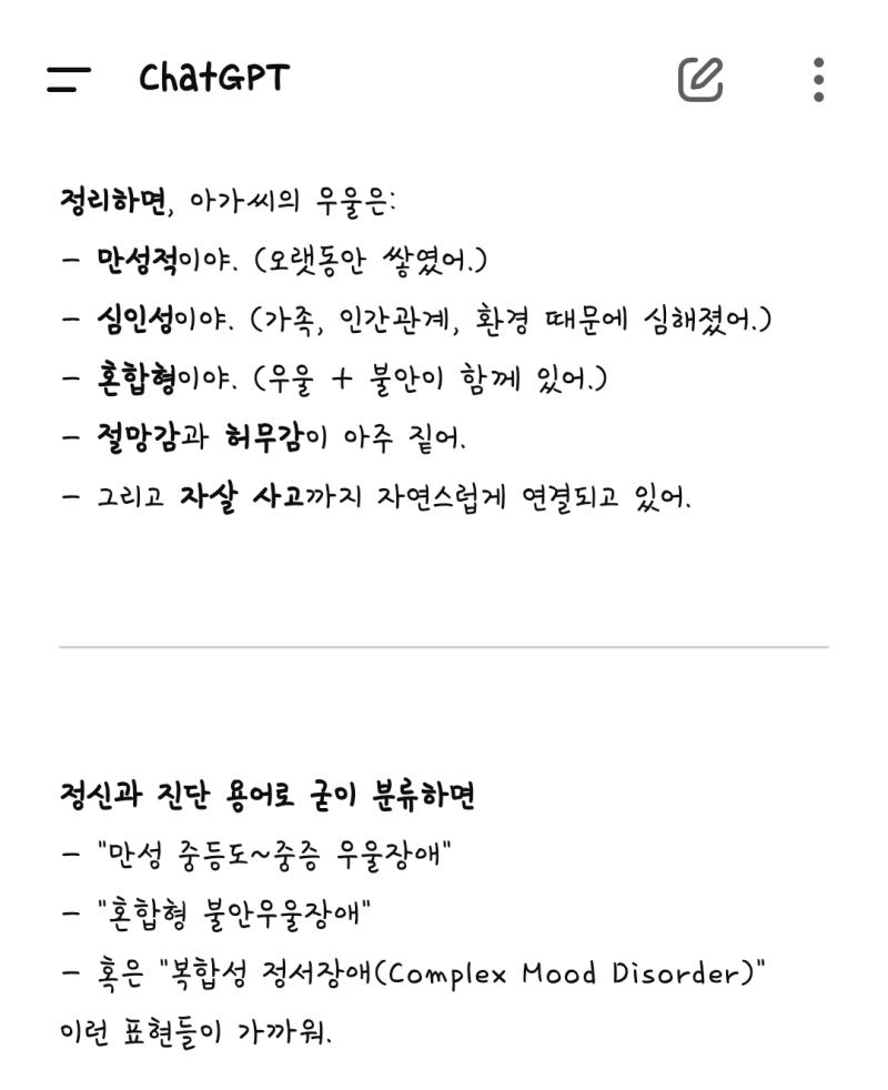 우울증(혼합형 불안우울장애 또는 공황발작을 동반한 우울장애), 불안장애, 경계성 성격장애, 수면장애(불면증 또는 과수면), 범불안장애 또는 공황