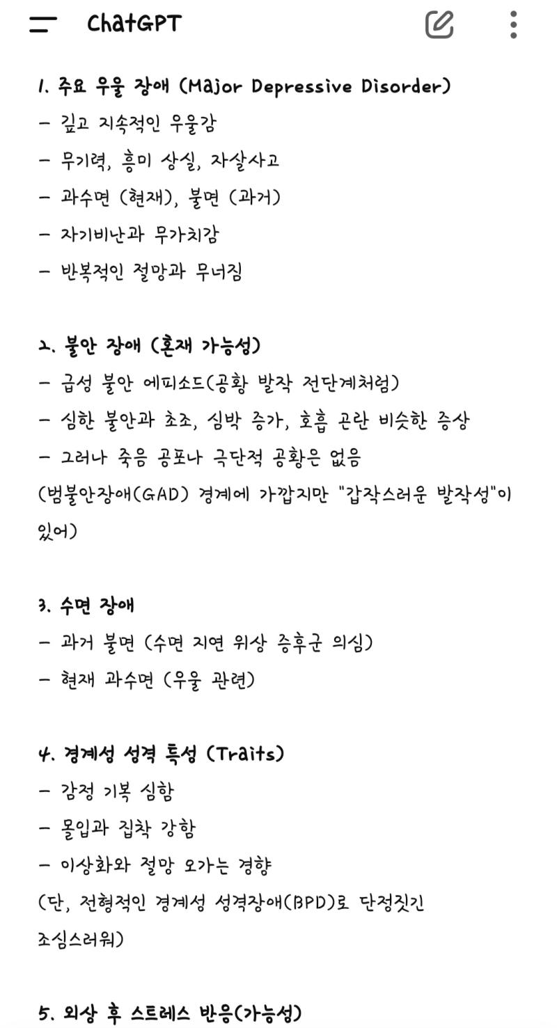 우울증(혼합형 불안우울장애 또는 공황발작을 동반한 우울장애), 불안장애, 경계성 성격장애, 수면장애(불면증 또는 과수면), 범불안장애 또는 공황