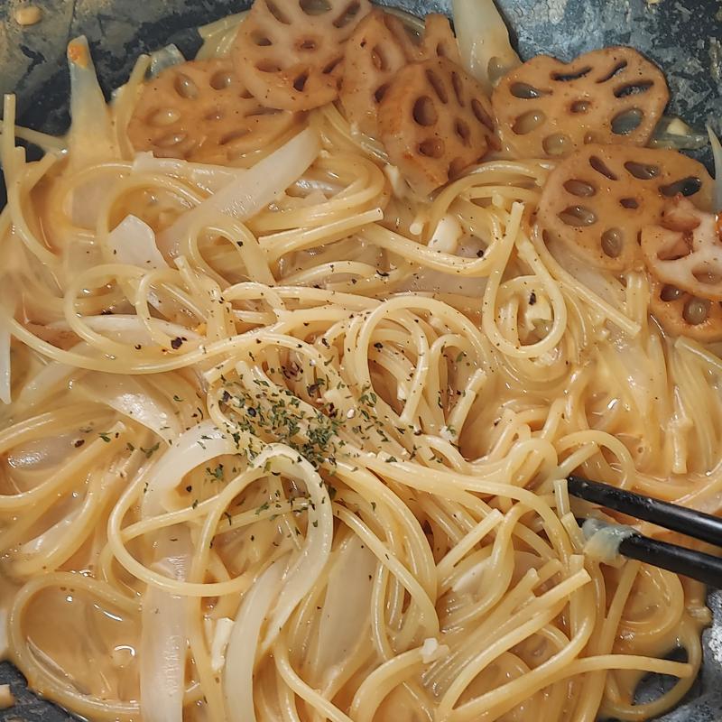 마라크림파스타와 마라연근조림🤩🤩