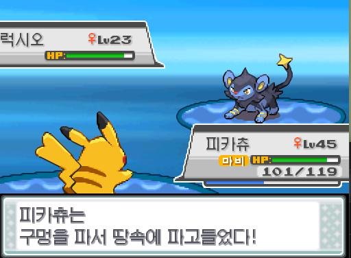 야생 럭시오의 스파크! 효과가 별로인 모양이다... 피카츄는 구멍을 파서 땅속에 파고들었다! 야생 럭시오의 정신차리기! 그러나 야생 럭시오의 공