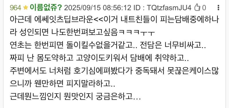 이거찾아봤는데 단종됐다네ㅋㅋㅋㅋㅋ 흡연자인레더들은 저거보고 뭔생각했을까 뭐 딥브라운말고 다른맛피든가 전담을피든가하면 되는거죠🤭