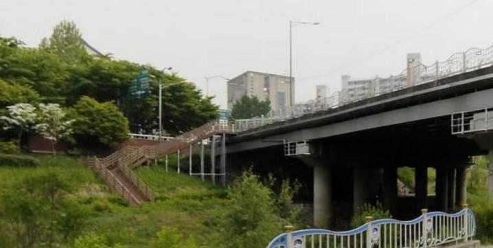 (사진 출처: 카카오 지도 상암교 아래 불광천 산책로 2015년 5월 로드뷰) 여름은 불광천 산책로로 이어지는 계단으로 내려갔다. "USB를 들