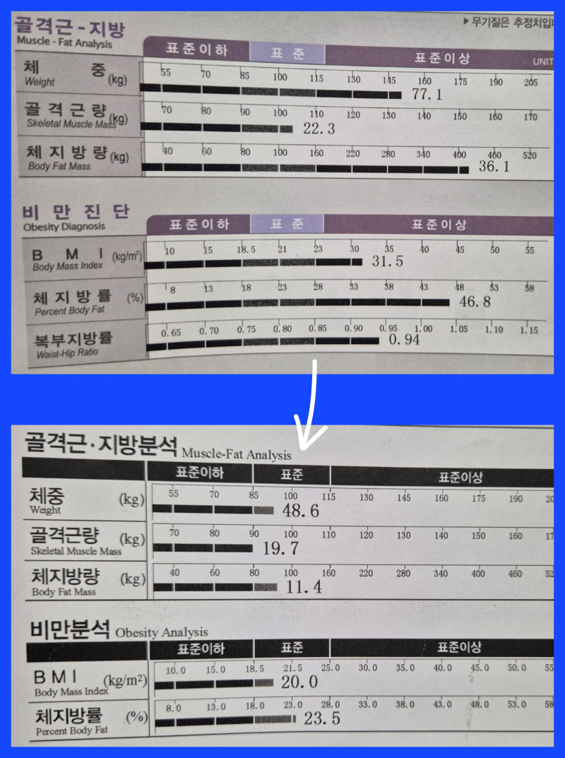 🎊다이어트 결과🎊 키는 150 중후반. 최고몸무게 83kg에서 시작해서 48kg까지 뺐습니다. 총 35kg 감량! 48 찍고 바로 50까지 찐 