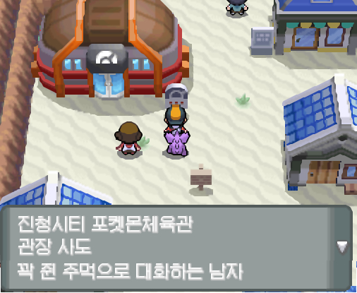 연가람은 체육관 간판을 보았다. 진청시티 포켓몬 체육관 관장 사도 꽉 쥔 주먹으로 대화하는 남자 연가람은 진청시티 체육관으로 들어갔다. 꽉 쥔