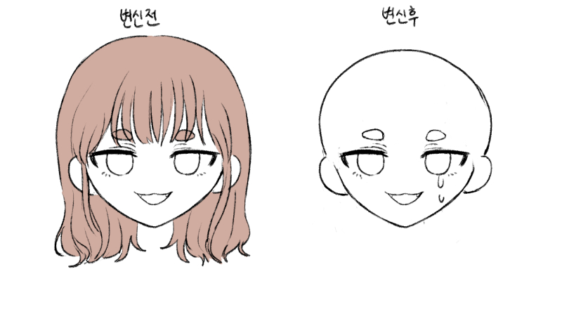 으아니 대머리 마법소녀라니 이무슨 운명의 장난ㅋㅋㅋㅠㅠㅜ 사악한 빌런의 저주였을까 계약 중 실수가 있었던걸까 많은 궁금증을 남기며 얼굴이 대충