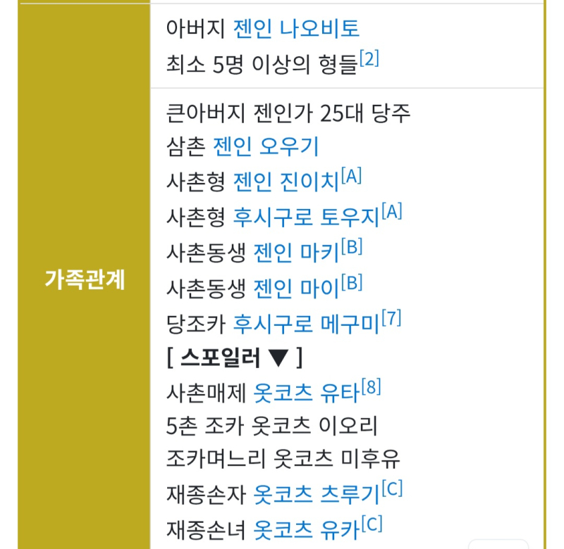 개인적으로 캐릭터 나무위키 볼때마다 이런게 존나웃김 아빠엄마형제 뭐 그래 사촌까진 알겠는디 사촌매제 조카며느리 재증손자 이런거까지 줄줄이 써놓는