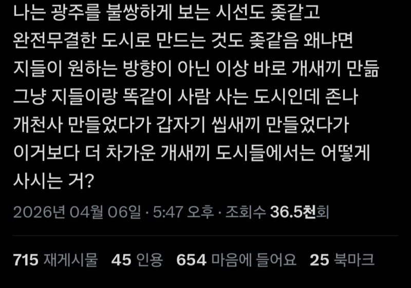 사진 까려고 가져온게 아니라 공감돼서 가져옴 나도 광주 사람으로서 트위터에서 민주화의 도시 완전무결한 도시로 지들끼리 올려치는거 보기싫었음 그러