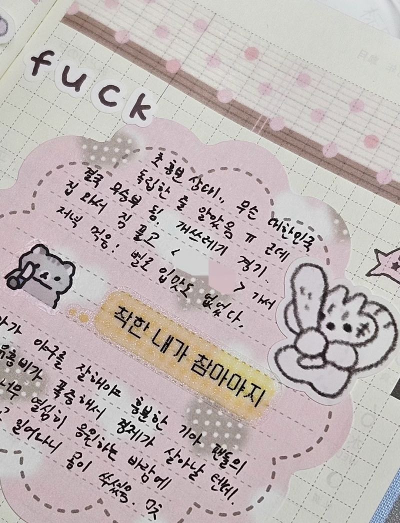 예쁘고 귀여운 스티커와 어울리지 않는 졷같은 일기 내용 식칼 스티커, 몽둥이 스티커 총동원