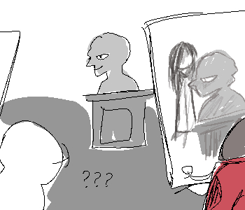 ⚊ …? 잘 그리긴 했는데, ▼ ⚊ 얘 뭘 그리고 있는 거야? ▼ ⚊ 석고상 옆에 웬 사람같은 이상한 형체가 그려져 있었다. ▼ ⚊ 시선이 느껴