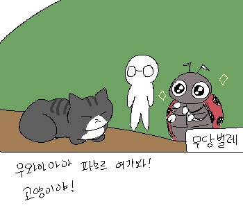 ⚊ 무당벌레가 학교 뒤편에서 떠돌이 고양이를 만났다. ▼ [무당벌레] 『식빵 굽고 있어! 귀여워! 쓰담쓰담 하고싶다! 간식으로 유인해볼까? 사진