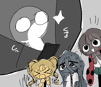 ⚊ 나는 적당히 안심시키고, 연락을 취하고, ▼ ⚊ …무서운 이야기를 하자며 분위기를 잡았다. ▼ [나비] 『꺅? 뭐하는 거야!』 [개미] 『…