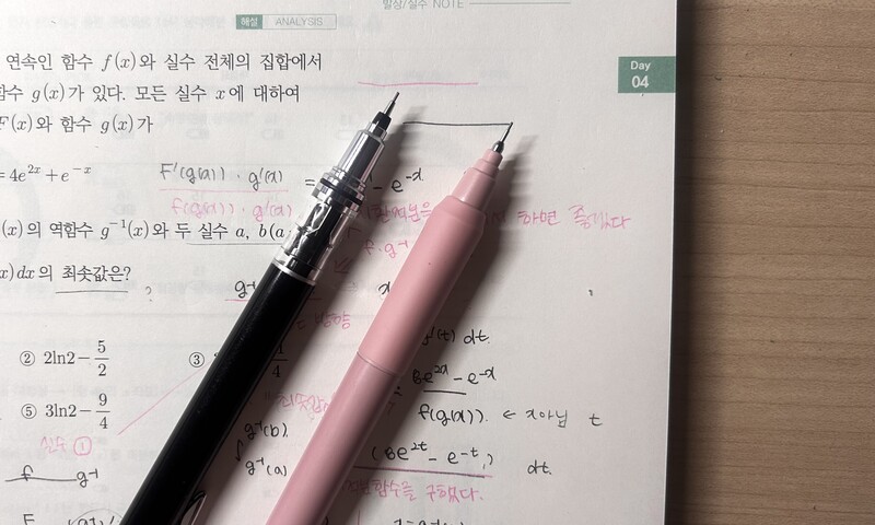 분홍색 샤프심을 넣은 까만 샤프와 까만 샤프심을 넣은 분홍색 샤프