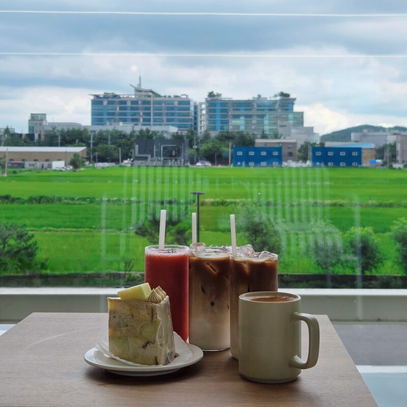 피스타치오 메론 케이크🍰 수박 주스🍉 카페라떼☕️ 카페라떼☕️ 카푸치노☕️ 💬 날이 흐려서 아쉬웠지만..