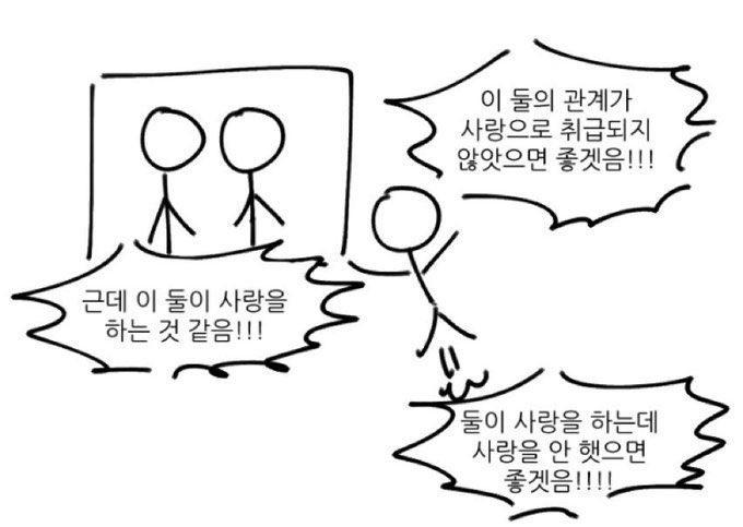 이거 나랑 사상이 안맞아서 답답 사랑은 연정에 국한되지 않으며 현실 사람은 커플할인에 그러는 할수 있지만 창작하는 사람이 일부러 커플로 보이게 연성하는데 논컾