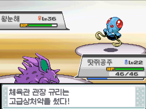 체육관 관장 규리는 고급상처약을 썼다 땃쥐공주의 만볼트 효과가 굉장했다 땃쥐공주는 무엇을 할까 싸운다 만볼트 독엄니 괴력 오물공격 가방 상처약 포켓몬 Lv 루시퍼 Lv 이브이브이