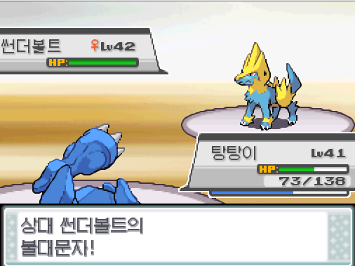 상대 썬더볼트의 불대문자 효과는 굉장했다 탕탕이 사이코커터 상대 썬더볼트는 자뭉열매로 체력을 회복했다 탕탕이는 무엇을 할까 싸운다 아이언헤드 독찌르기 분연 사이코커터 가방 상처약