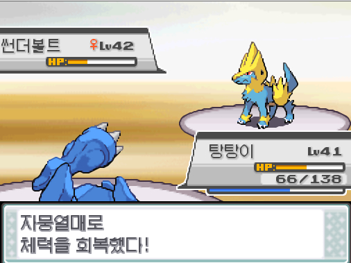 상대 썬더볼트의 불대문자 효과는 굉장했다 탕탕이 사이코커터 상대 썬더볼트는 자뭉열매로 체력을 회복했다 탕탕이는 무엇을 할까 싸운다 아이언헤드 독찌르기 분연 사이코커터 가방 상처약