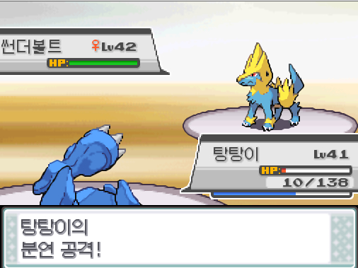 체육관 관장 규리는 고급상처약을 사용했다 탕탕이의 분연 공격 썬더볼트는 화상을 입었다 상대 썬더볼트는 화상 데미지를 입고 있다 탕탕이는 무엇을 할까 싸운다 아이언헤드 독찌르기