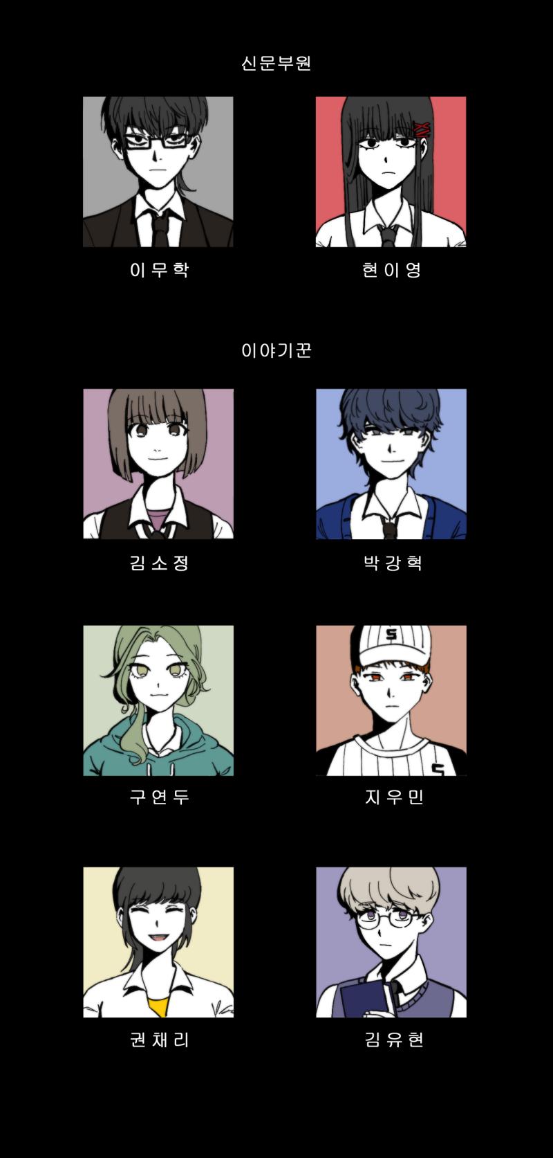 신문부원 이무학 학년 신문부 검은색 꽁지머리를 약간 사나운 인상의 학생 교복을 단정하게 입고 다닌다 눈이 좋아서 가끔 뿔테 안경을 쓰곤 한다 날카롭고 꼼꼼한 성격이며 살짝