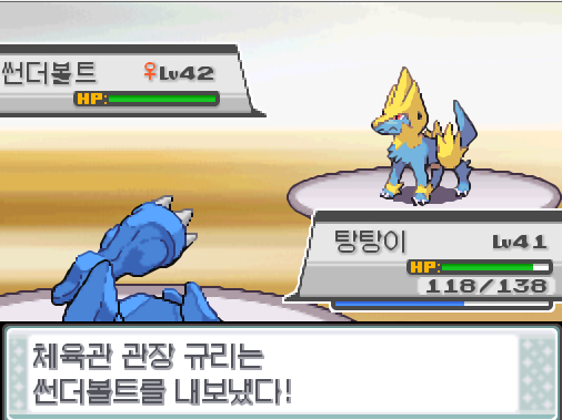 탕탕이의 사이코커터 상대 탕구리는 쓰러졌다 이브이브이와 탕탕이는 경험치를 얻었다 이브이브이는 레벨 올랐다 포켓몬 트레이너 연가람의 포켓몬 VS 체육관 관장 규리의 포켓몬 체육관