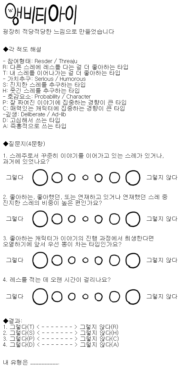 띠용 그리고 두번째 이미지는 짤이라기엔 뭐한데 심심해서 만들어본 앵비티아이 나는 TSCA가 나왔어 앵비티아이 이미지 내용은 남는 시간에 적당히 휘갈겨 것이기 때문에 자유수정가능함