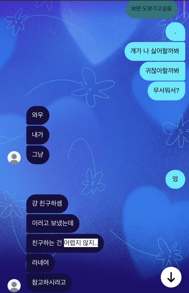 그렇네 어떻게 설명해야할까 특이한 사이라고밖에 설명을 못하겠어 일단 상상속에서 사귄건 아니야 진짜 이상하다고 생각해도 인정할게 그렇긴 하지 내가 이상하게 보낸거 맞아 보통은