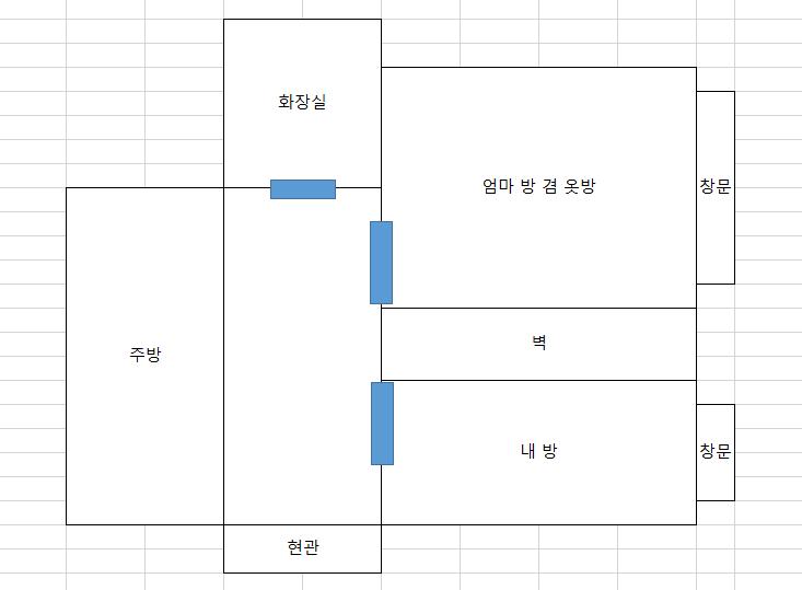 우리집은 되게 작은 빌라야 개에 엄마 이렇게 살고 있어 대충 구조를 그리자면 이렇게 생겼어 파란색은 문이야