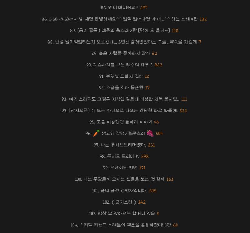 이거 일급 비밀이지만 스크랩 목록을 보여줄게 예전 한창 활발했을 나온 개꿀잼 스레들 많아 꿈판 스레도 많으니 읽어봐바