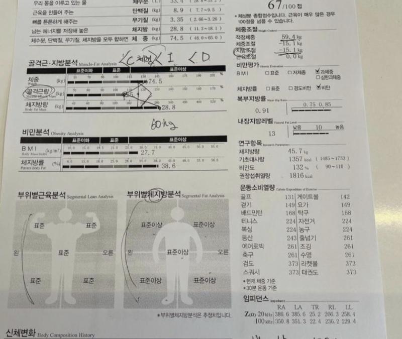 결과는 일단 인바디를 후로 적이 없어서 전과 비교했어 전과 비교했을 결과는 근육 에서 늘리고 체지방은 에서 줄였다 몸무게는 그대로