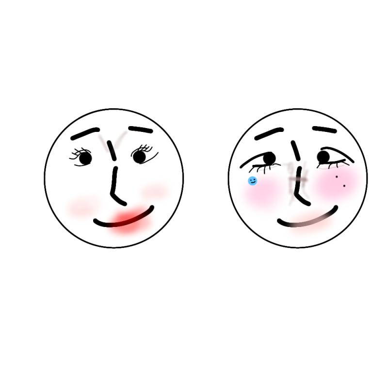 왼쪽 쌍테 올려 그린 아이라인 눈썹에서부터 쉐딩 진한립 블러셔 속눈썹 뷰러 오른쪽 언더 마스카라 내려 그린 아이라인 미간에서부터 쉐딩 앞볼 블러셔 누드립 스티커