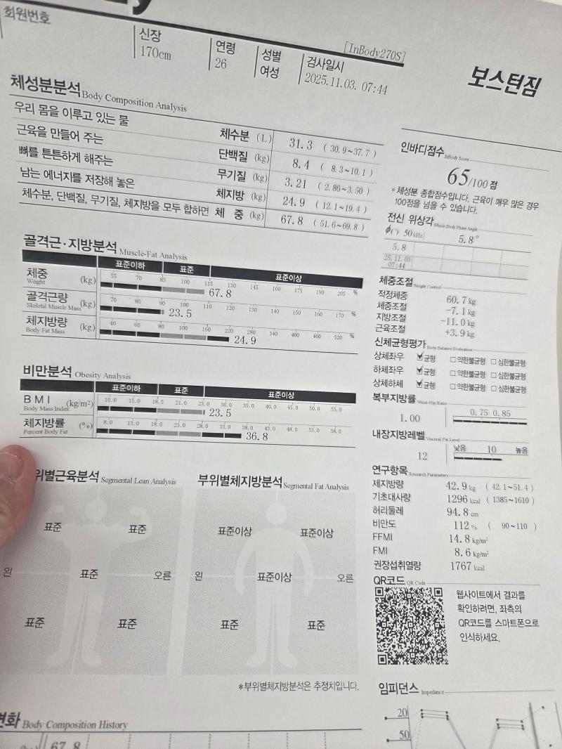 인바디와 깔짝 사이클 나왔는지 모르겠어 저울로는 였는데