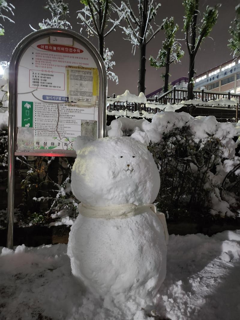 알바를 다녀오고 나서도 눈은 꾸준히 내렸고 떠서 눈사람을 만들고 싶었다 기억 만들고픈 눈사람은 농담곰 형태를 띄기 때문에 상당한 사이즈의 눈덩이가 필요했다 어린 시절의 기억을