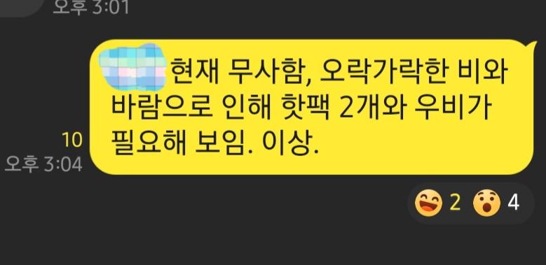 쓰다가 혼자 터졌다 나만 웃기나 보낼까 말까 고민하다가 그래도 추우니까 일단 보냈는데 직원분이 오셔서 그거 내가 올린 맞냐고 대표님 말투 같다고 반응 어떠냐 물어보니 다들